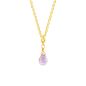Preview: An einer feinen Gliederkette hängt ein Anhänger bestehend aus einem kleinen, runden, gefassten Zirkonia an dem ein violett-funkelnder Tropfen aus facettiertem Amethyst hängt. Die Öse des Anhängers läuft frei auf der Kette. Handgefertigt aus 14 kt Gold.