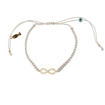 Fabelhaftes Armband mit goldenem, zirkonia-besetztem Unendlichkeitssymbol und wunderschönem cremefarbenem  Zug-Band. Kurshuni Schmuck wird in Istanbul handgefertigt. Jetzt versandkostenfrei im Perlenmarkt OnlineShop bestellen!