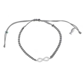 Fabelhaftes Armband mit silbernem, zirkonia-besetztem Unendlichkeitssymbol und schlichtem, grauem Zug-Band. Kurshuni Schmuck wird in Istanbul handgefertigt. Jetzt versandkostenfrei im Perlenmarkt OnlineShop bestellen!