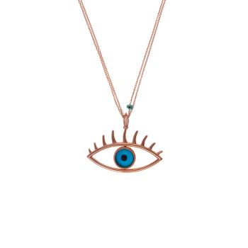 An dieser zweifachen Gliederkette hängt ein sehr großes Auge als Anhänger. Das Auge ist als Kontur angelegt, hat Wimpern und eine Iris aus blauem Glas. In Istanbul aus rosévergoldetem Sterling Silber handgefertigt.