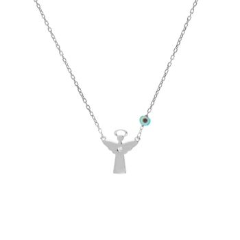 An einer feinen Glieder-Halskette hängt ein stilisierter Engel mit Heiligenschein und kleinem Zirkonia auf der Brust. Diese Kette wird von Kurshuni in Istanbul aus rhodiniertem Sterling Silber handgefertigt.