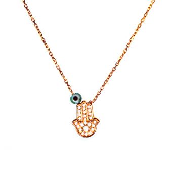 Fabelhafte kleine Halskette mit funkelnder Hand der Fatima aus rosévergoldetem Sterling Silber, besetzt mit Zirkonias. Kurshuni Schmuck wird in Istanbul handgefertigt. Jetzt versandkostenfrei im Perlenmarkt OnlineShop bestellen!