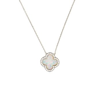 Wunderschöne Halskette mit glitzerndem Kleeblatt aus rhodiniertem Sterling Silber mit synthetischem Opal. Kurshuni Schmuck wird in Istanbul handgefertigt. Jetzt versandkostenfrei im Perlenmarkt OnlineShop bestellen!