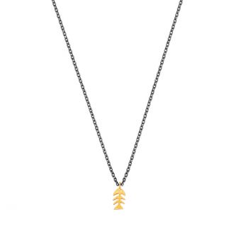 Diese verspielte Halskette von Krinaki Jewelry aus Schwarzem Silber hat eine goldenes Fisch-Skelett als Anhänger, wird in Athen aus 14 kt Gold handgefertigt und wartet schon im Perlenmarkt Onlineshop auf Dich! Jetzt entdecken!
