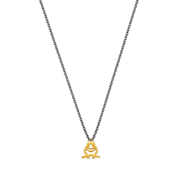 Die märchenhafte Halskette von Krinaki Jewelry aus Schwarzem Silber mit fabelhaftem, goldenem Frosch mit Krone als Anhänger wartet schon im Perlenmarkt OnlineShop auf Dich! Jetzt entdecken!