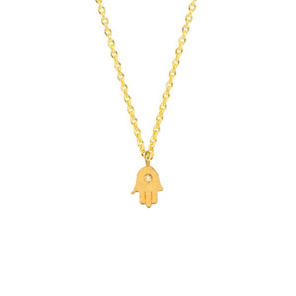 Diese feine Gliederkette hat einen zauberhaften Anhänger mit klassischer Hand der Fatima. In der Mitte des Anhängers sitzt ein einzelner kleiner Diamant. Krinaki Schmuck wird in Athen aus 14 kt Gold handgefertigt.