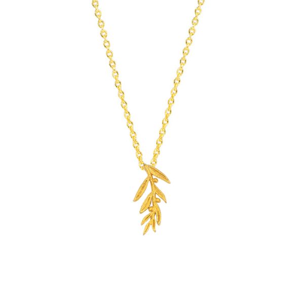 Diese stilvolle Gliederkette von Krinaki Jewelry hat einen fantastischen Olivenzweig als Anhänger. Der Zweig mit kleinen Oliven verjüngt sich nach unten. Handgefertigt aus 14 Karat Gold in Athen.