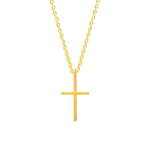 An der schlichten, goldene Gliederkette hängt feines, elegantes Kreuz mit schlanken Proportionen. Am oberen Ende des Kreuzes ist eine Öse angebracht, an der der Anhänger frei auf der Kette läuft. Von Krinaki aus 14 Karat Gold in Athen handgefertigt.
