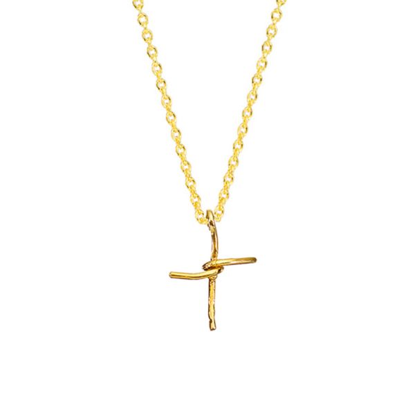 Diese faszinierende Halskette von Krinaki Jewelry hat ein Kreuz aus gedrehtem Golddraht als Anhänger. Das Kreuz ist gleichseitig und die horizontale Achse wird in der Mitte von der vertikalen umwickelt. Handgefertigt in Athen aus 585er Gold.