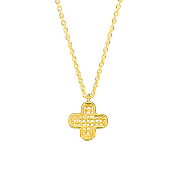 Diese herrliche Halskette hat ein Kreuz mit Flechtmuster aus Golddraht als Anhänger. Das Kreuz ist gleichseitig und als Kontur angelegt, gefüllt mit Golddrähten die im Rechten Winkel zueinander verlaufen. Handgefertigt in Athen aus 585er Gold.