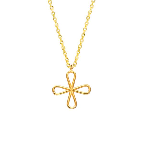 An der feinen, goldene Gliederkette hängt an einer frei auf der Halskette laufendes Kreuz aus vier gleichen Tropfen. Der Anhänger ist gleichschenklig und als Kontur angelegt. Von Krinaki Jewelry aus 14 Karat Gold in Athen handgefertigt.