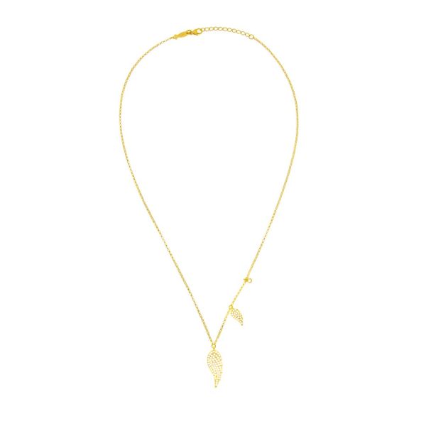 Die beschwingte Kurshuni Halskette mit leuchtenden, goldenen Engelsflügeln und kleinem Zirkonia wartet schon im Perlenmarkt OnlineShop auf Dich! Jetzt entdecken!