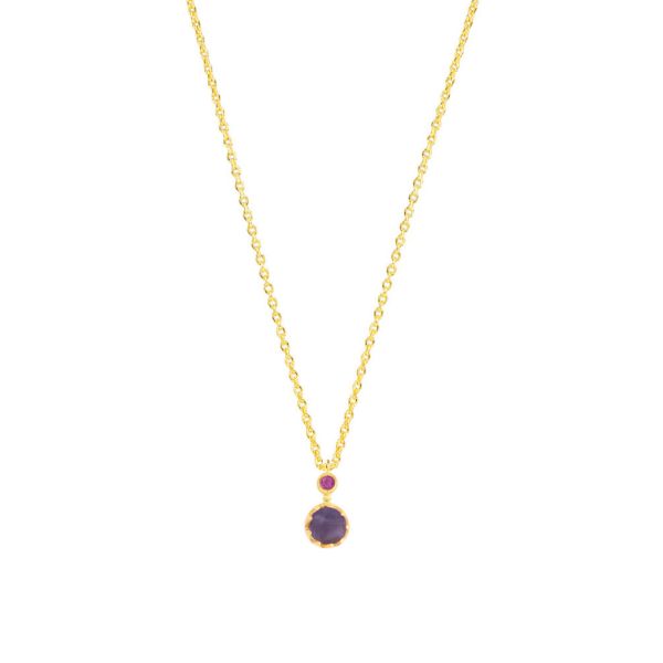 Die stilvolle, goldene Halskette von Krinaki Jewelry trägt einen magisch-schönen Iolith in gezackter Fassung mit einem kleinen Rubin als Begleiter und wartet schon im Perlenmarkt OnlineShop auf Dich! Jetzt entdecken!