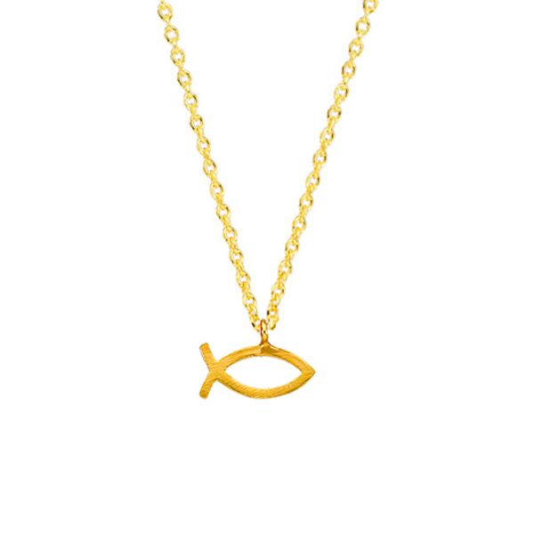 An der klassischen feinen, goldenen Gliederkette mit Federring hängt ein stilvoller Fisch-Anhänger in traditionell christlicher Formensprache, handgefertigt aus 14 Karat Gold.  Jetzt versandkostenfrei im Perlenmarkt OnlineShop bestellen!