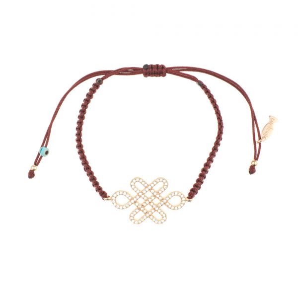 Fantastisches Armband mit wunderschönem, roségoldenem Knoten, besetzt mit glitzernden Zirkonias und burgunder-rotem Zug-Band. Kurshuni Schmuck wird in Istanbul handgefertigt. Jetzt versandkostenfrei im Perlenmarkt OnlineShop bestellen!