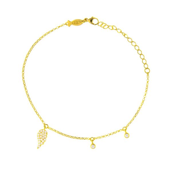 An diesem feinen Gliederarmband hängt ein zirkonia-besetzter Flügel-Anhänger an einer zentralen, festen Öse. Nach oben versetzt folgen zwei kleine rund-gefasste Zirkonias. Aus vergoldetem Sterling Silber in Istanbul handgefertigt.