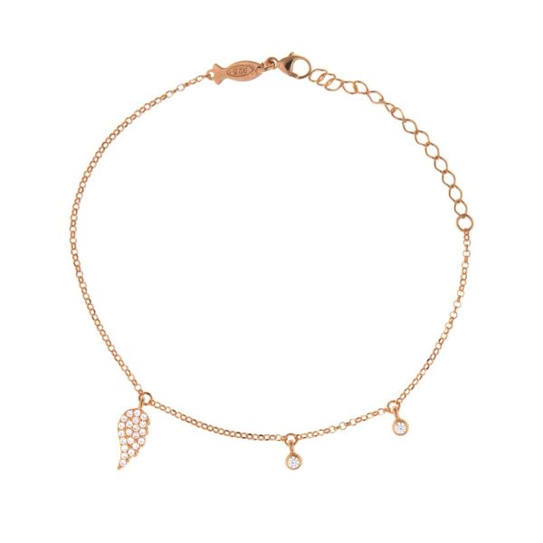 An diesem feinen Gliederarmband hängt ein zirkonia-besetzter Flügel-Anhänger an einer zentralen, festen Öse. Nach oben versetzt folgen zwei kleine rund-gefasste Zirkonias. Aus rosévergoldetem Sterling Silber in Istanbul handgefertigt.