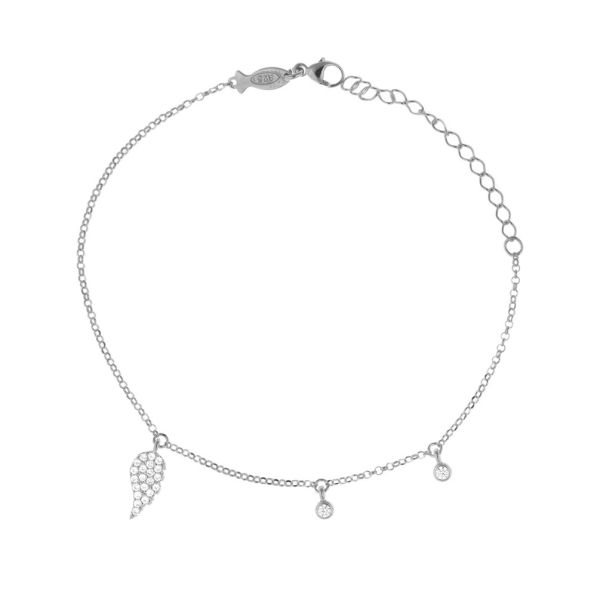 An diesem feinen Gliederarmband hängt ein zirkonia-besetzter Flügel-Anhänger an einer zentralen, festen Öse. Nach oben versetzt folgen zwei kleine, rund-gefasste Zirkonias. Aus rhodiniertem Sterling Silber in Istanbul handgefertigt.