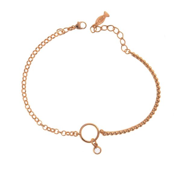 Das roségoldene Armband setzt sich aus einem festem Halbbogen mit Perlen und einem feinen Gliederkettchen zusammen. Verbunden werden die zwei Hälften durch einen Kreis, in dem ein funkelnder, gefasster Zirkonia hängt. In Istanbul handgefertigt.