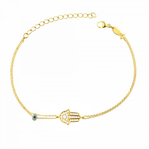 Bezauberndes Armband mit wunderschöner Hand der Fatima aus vergoldetem Sterling Silber und Zirkonias. Kurshuni Schmuck wird in Istanbul handgefertigt. Jetzt versandkostenfrei im Perlenmarkt OnlineShop bestellen!