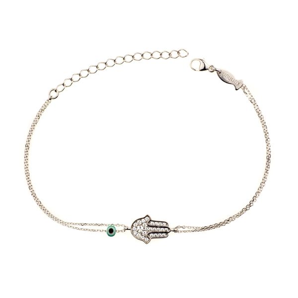 Bezauberndes Armband mit wunderschöner Hand der Fatima aus rhodiniertem Sterling Silber und Zirkonias. Kurshuni Schmuck wird in Istanbul handgefertigt: Jetzt versandkostenfrei im Perlenmarkt OnlineShop bestellen!