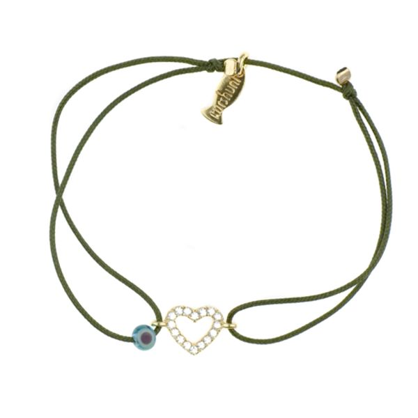 Zauberhaftes Armband mit goldenem, zirkonia-besetztem Herz und entzückendem Zug-Band in Olive. Kurshuni Schmuck wird in Istanbul handgefertigt. Jetzt versandkostenfrei im Perlenmarkt OnlineShop bestellen!