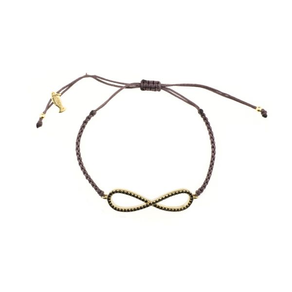 Geniales Armband mit Stoff-Zug in Taupe und goldenem Unendlichkeits-Anhänger mit schwarzem Spinell. Kurshuni Schmuck wird in Istanbul handgefertigt. Jetzt versandkostenfrei im Perlenmarkt OnlineShop bestellen!