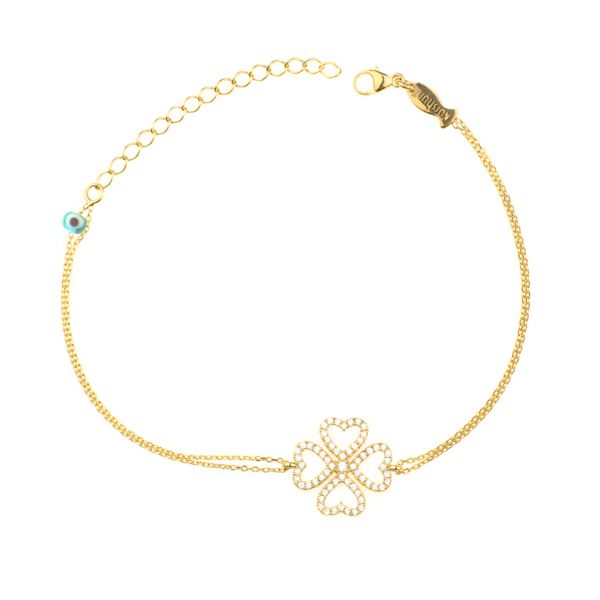 Glückliches Armband mit funkelndem Kleeblatt aus vergoldetem Sterling Silber und Zirkonias. Kurshuni Schmuck wird in Istanbul handgefertigt. Jetzt versandkostenfrei im Perlenmarkt OnlineShop bestellen!