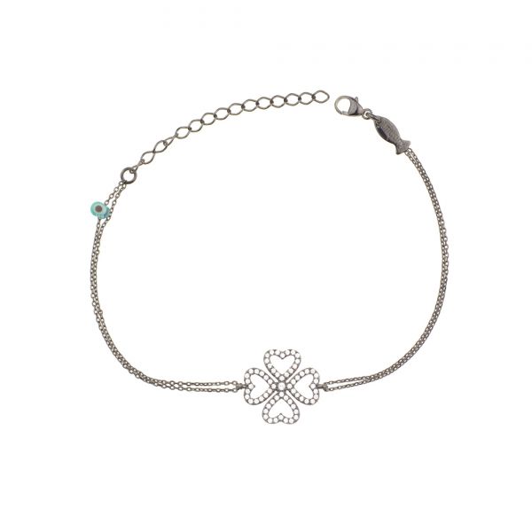 Glückliches Armband mit glitzerndem Kleeblatt aus geschwärztem Sterling Silber mit Zirkonias. Kurshuni Schmuck wird in Istanbul handgefertigt. Jetzt versandkostenfrei im Perlenmarkt OnlineShop bestellen!