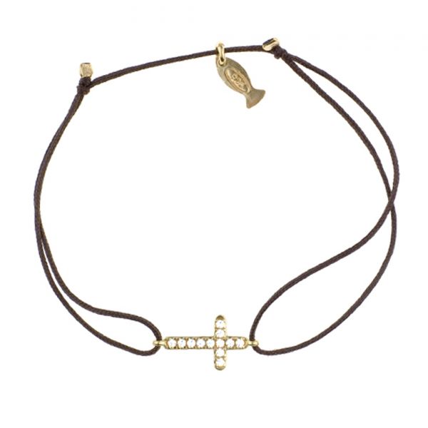 Herrliches Armband mit goldenem, zirkonia-besetztem Kreuz und zartem, braunem Zug-Band. Kurshuni Schmuck wird in Istanbul handgefertigt: Jetzt versandkostenfrei im Perlenmarkt OnlineShop bestellen!