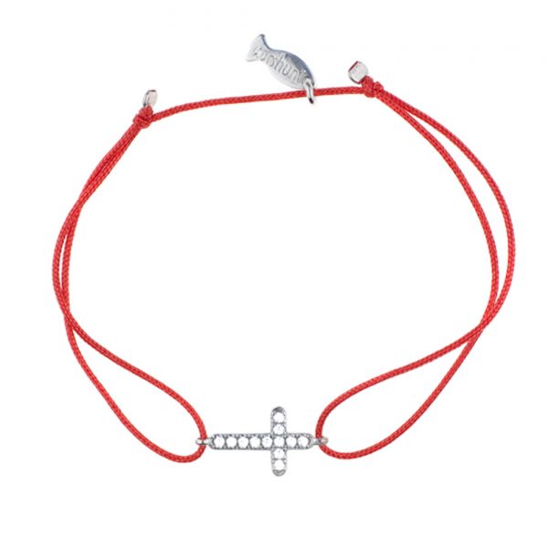 Herrliches Armband mit silbernem, zirkonia-besetztem Kreuz und rotem Zug-Band. Kurshuni Schmuck wird in Istanbul handgefertigt: Jetzt versandkostenfrei im Perlenmarkt OnlineShop bestellen!