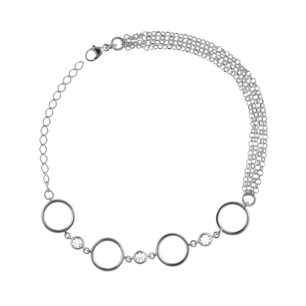 Das silberne Armband geht von einem einfachen Gliederkettchen in vier Ringe über, zwischen denen jeweils ein gefasster Zirkonia liegt, und endet in einem vierfachen Gliederkettchen. Aus vergoldetem Sterling Silber in Istanbul handgefertigt.