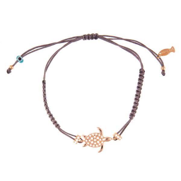 Bezauberndes Armband mit Schildkröte aus roséverdoldetem Sterling Silber, glitzernden Zirkonias und verstellbarem Stoffzug. Kurshuni Schmuck wird in Istanbul handgefertigt. Jetzt versandkostenfrei im Perlenmarkt OnlineShop bestellen!