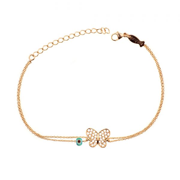 Wunderschönes Armband mit filigranem kleinem Schmetterling aus rosévergoldetem Sterling Silber und glitzernden Zirkonias. Kurshuni Schmuck wird in Istanbul handgefertigt. Jetzt versandkostenfrei im Perlenmarkt OnlineShop bestellen!