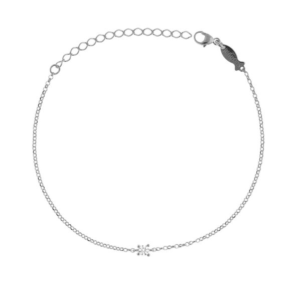 In dem feinen Gliederarmband mit Verlängerungskettchen und Karabiner ist in der Mitte ein Zirkonia mit Brillant-Schliff in Krappenfassung eingearbeitet. Das Armband wird aus rhodiniertem Sterling Silber in Istanbul handgefertigt.