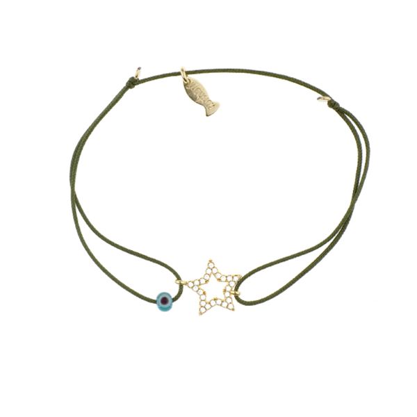 Bezauberndes kleines Armband mit Stoff-Zug in Olive und goldenem Stern mit funkelnden Zirkonias. Kurshuni Schmuck wird in Istanbul handgefertigt. Jetzt versandkostenfrei im Perlenmarkt OnlineShop bestellen!