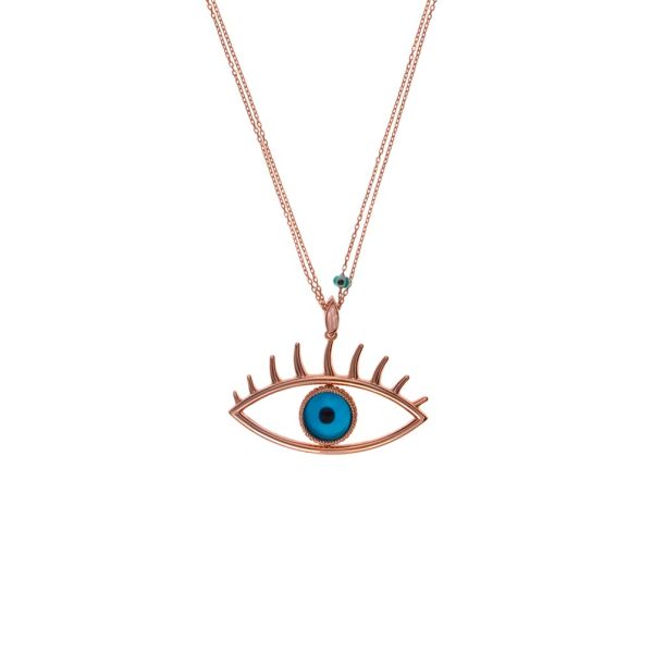 An dieser zweifachen Gliederkette hängt ein sehr großes Auge als Anhänger. Das Auge ist als Kontur angelegt, hat Wimpern und eine Iris aus blauem Glas. In Istanbul aus rosévergoldetem Sterling Silber handgefertigt.