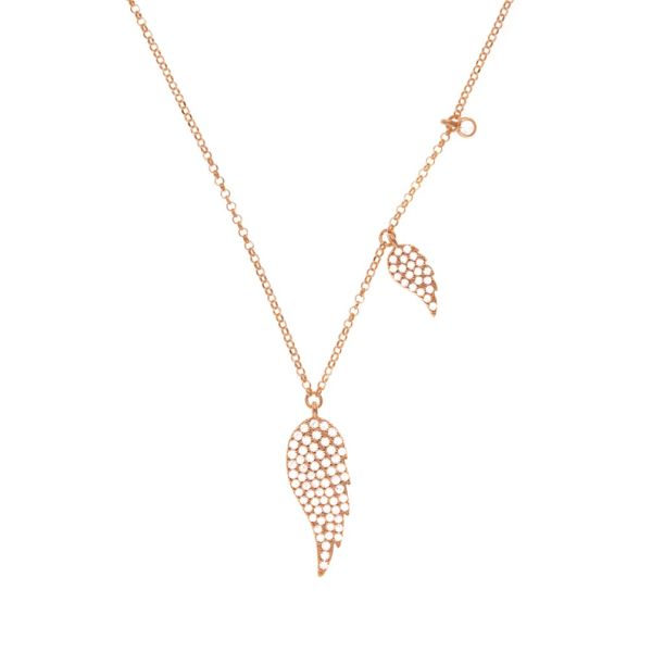 An dieser feinen Gliederkette hängt einen zirkonia-besetzter Flügel-Anhänger an einer zentralen, festen Öse. Nach oben versetzt folgen ein zweiter, kleinerer Flügel und ein dann ein gefasster Zirkonia. Aus rosévergoldetem Sterling Silber handgefertigt.
