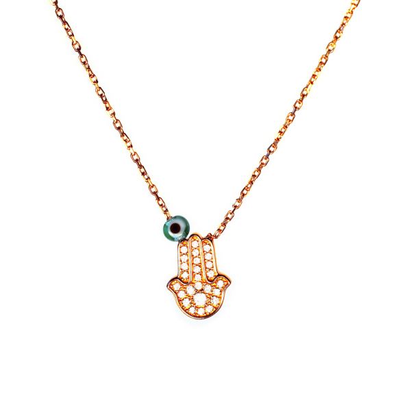 Fabelhafte kleine Halskette mit funkelnder Hand der Fatima aus rosévergoldetem Sterling Silber, besetzt mit Zirkonias. Kurshuni Schmuck wird in Istanbul handgefertigt. Jetzt versandkostenfrei im Perlenmarkt OnlineShop bestellen!