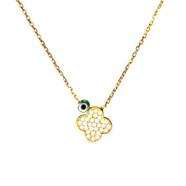 Zauberhafte Halskette mit funkelndem Kleeblatt aus vergoldetem Sterling Silber und Zirkonias. Kurshuni Schmuck wird in Istanbul handgefertigt. Jetzt versandkostenfrei im Perlenmarkt OnlineShop bestellen!