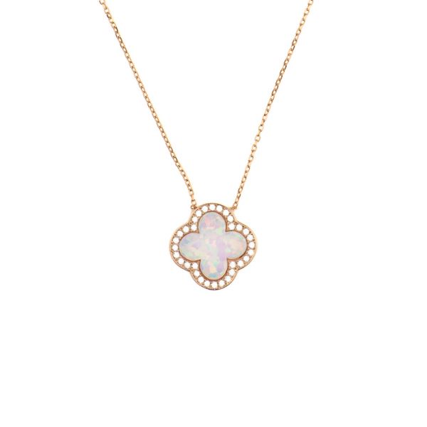 Wunderschöne Halskette mit glitzerndem Kleeblatt aus rosévergoldetem Sterling Silber mit synthetischem Opal. Kurshuni Schmuck wird in Istanbul handgefertigt. Jetzt versandkostenfrei im Perlenmarkt OnlineShop bestellen!