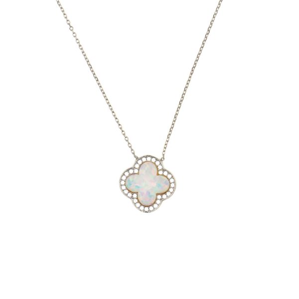 Wunderschöne Halskette mit glitzerndem Kleeblatt aus rhodiniertem Sterling Silber mit synthetischem Opal. Kurshuni Schmuck wird in Istanbul handgefertigt. Jetzt versandkostenfrei im Perlenmarkt OnlineShop bestellen!