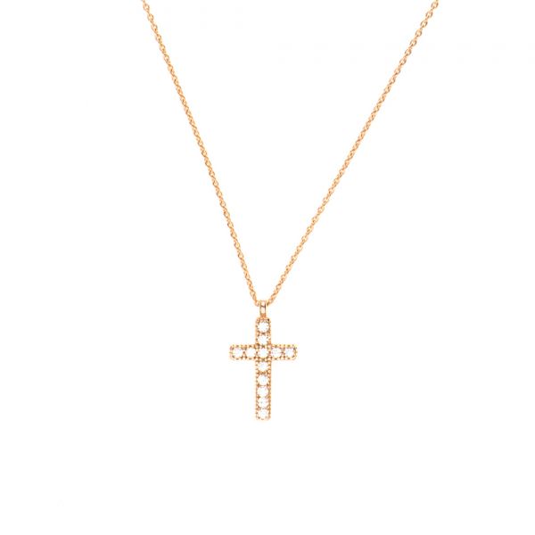 Zierliche kleine Halskette mit zirkonia-besetztem Kreuz aus rosévergoldetem Sterling Silber. Kurshuni Schmuck wird in Istanbul handgefertigt. Jetzt versandkostenfrei im Perlenmarkt OnlineShop bestellen!