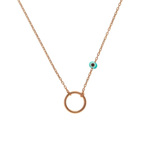 Die wunderschöne Kurshuni Halskette hat einen schlichten Kreis-Anhänger und wird aus rosévergoldetem Sterling Silber in Istanbul handgefertigt. An der Kette hängt eine kleine Nazar-Perle.