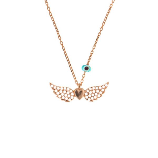 Diese herrliche Gliederkette aus rosévergoldetem Sterling Silber hat zwei kleine Engelsflügel besetzt mit funkelnden Zirkonias als Anhänger. In der Mitte der ausgebreiteten Flügel liegt ein kleines Herz. Kurshuni Schmuck wird in Istanbul handgefertigt.