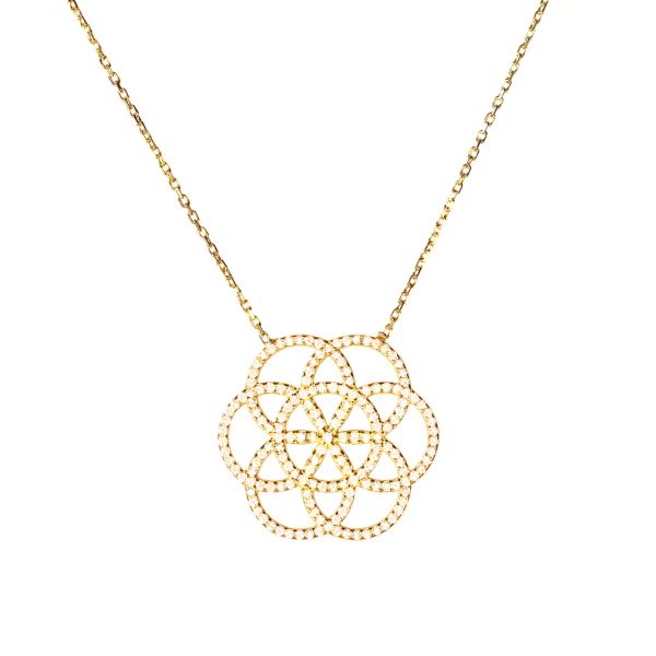 Fabelhafte Kurshuni Halskette mit herrlichem Seed of Life Anhänger aus vergoldetem, zirkonia-besetztem Sterling Silber. Kurshuni Schmuck wird in Istanbul handgefertigt. Jetzt versandkostenfrei im Perlenmarkt OnlineShop bestellen!