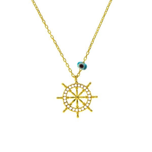 Diese maritime Kurshuni Halskette hat ein funkelndes Steuerrad als Anhänger. Das filigran ausgearbeitete Steuerrad ist umlaufend mit Zirkonias besetzt  und wird  in Istanbul aus vergoldetem Sterling Silber handgefertigt.