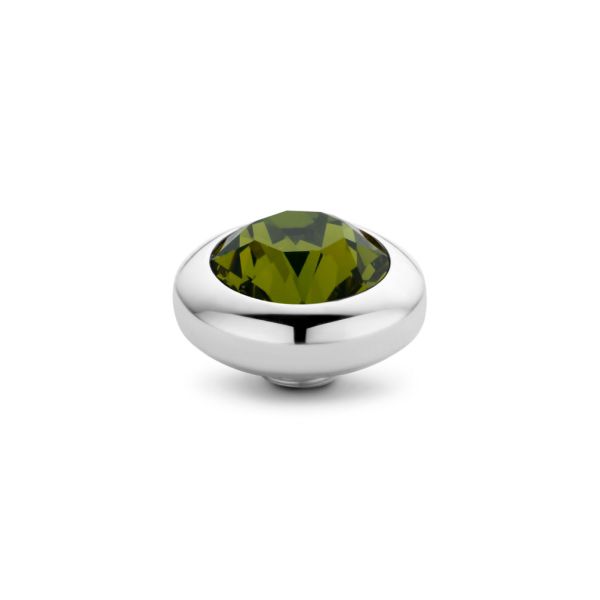 Der glitzernde Ringaufsatz besteht aus einem olivgrünem Zirkonia in einer runden Fassung aus Edelstahl. Der obere Teil des runden Zirkonias im Facettenschliff liegt über der Fassung. Passend für alle MelanO Vivid Ringe.