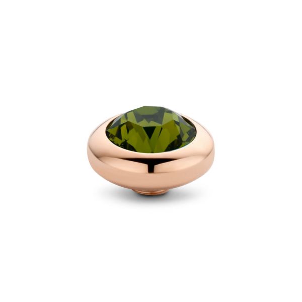 Der glitzernde Ringaufsatz besteht aus einem olivgrünen Zirkonia in einer runden, roségoldenen Fassung. Der obere Teil des runden Zirkonias im Facettenschliff liegt über der Fassung. Passend für alle MelanO Vivid Ringe.