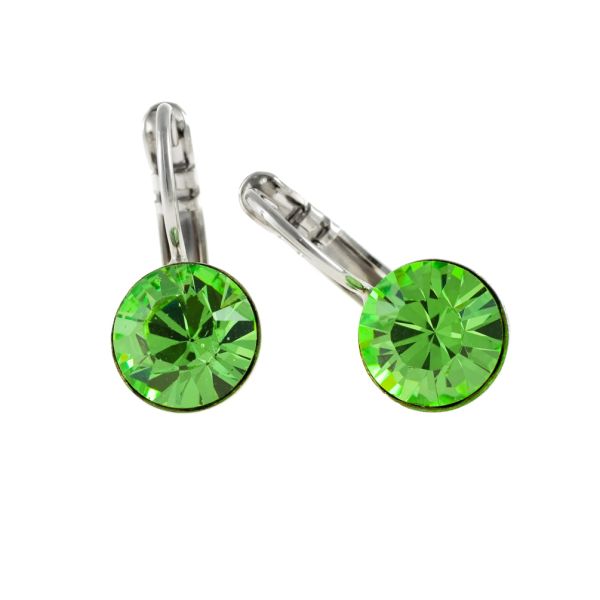 Diese bezaubernden kleinen Ohrringe werden bei uns im Perlenmarkt hergestellt. Der schimmernde Swarovski® Strass-Stein in Peridot sitzt jeweils am unteren Ende einer feinen, leicht geschwungenen Klappbrisur aus Weißbronze (silberne Farbe).